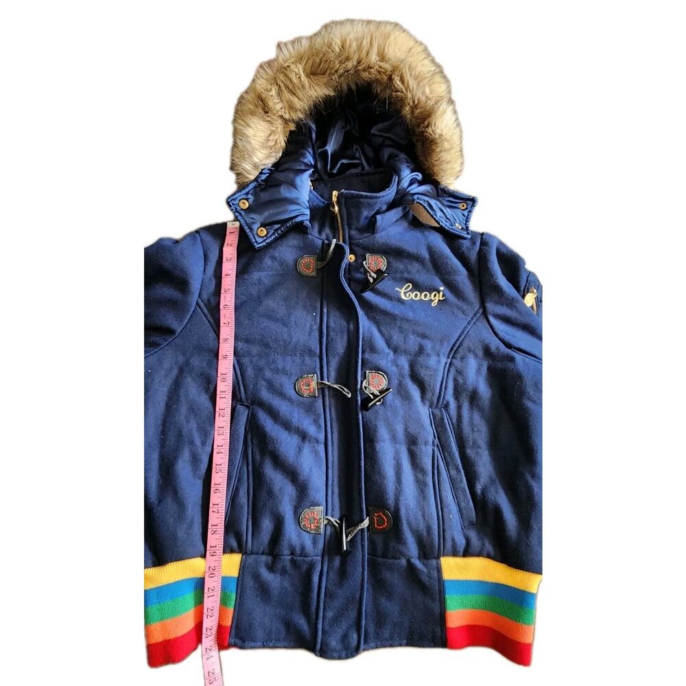 Coogi Women's Logo Rainbow Full Zip Navy Wool Varsity Jacket Fur Hood Size XXL - Picture 11 of 13